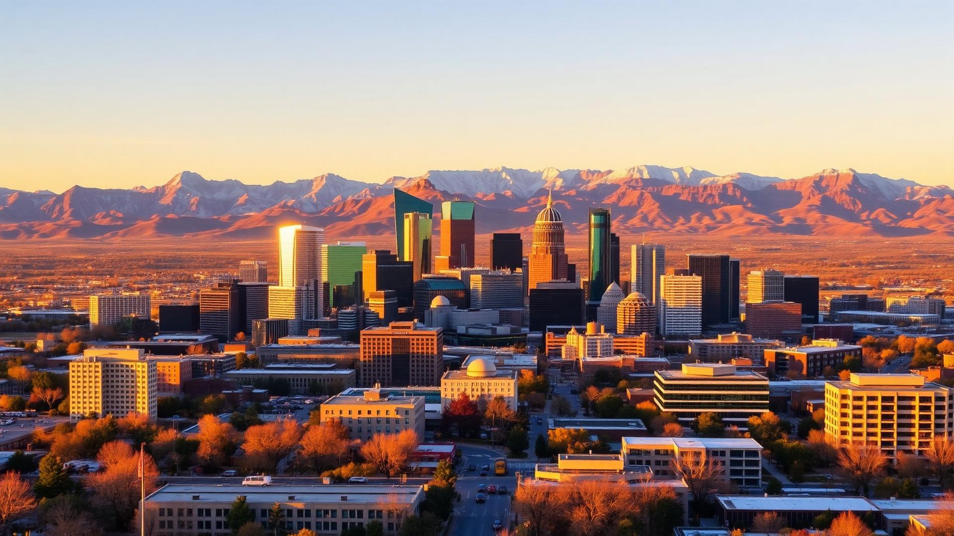 Denver skyline and the Front Range at golden hour