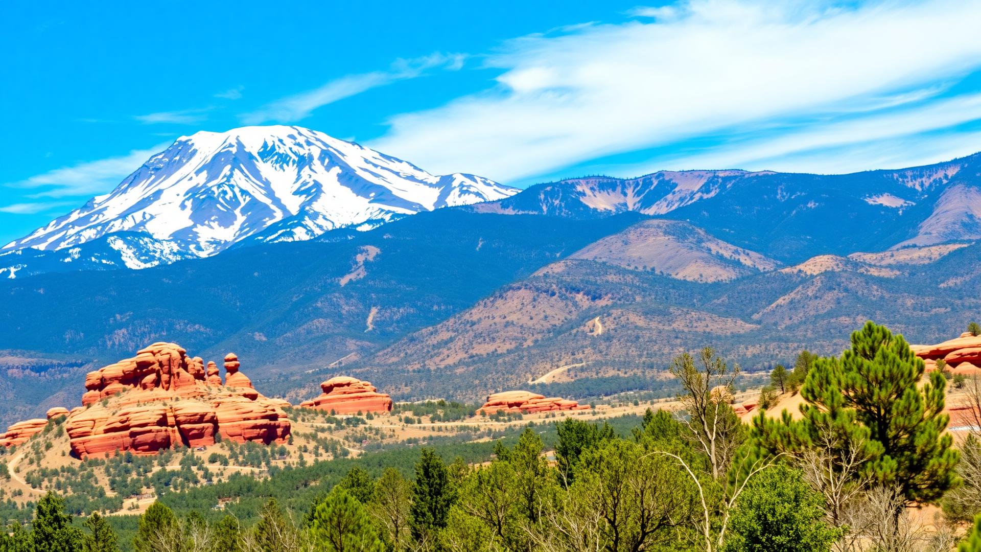 Pikes Peak and red rock formations above Colorado Springs