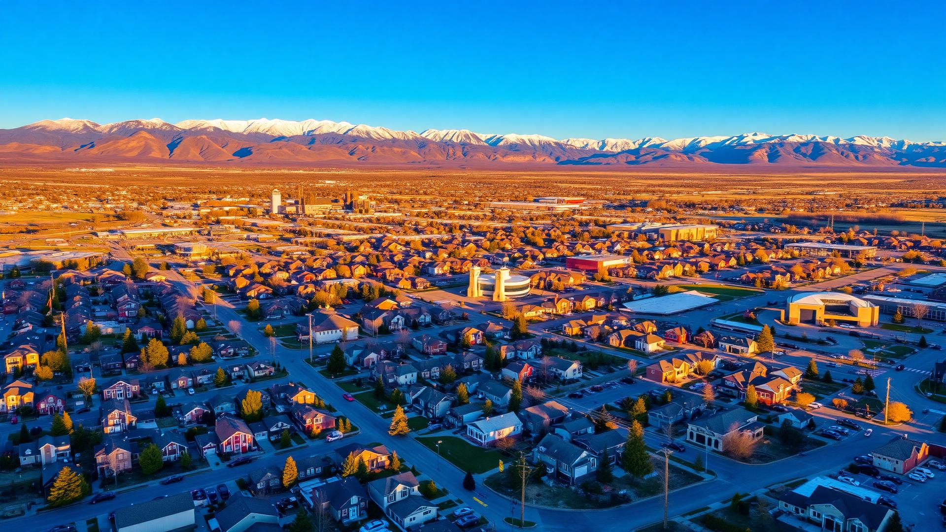 Aerial view of a Front Range community with the Rocky Mountains behind